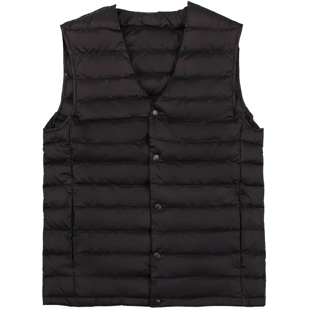 Doudoune sans manche sans col homme, noir, encolure en V a pressions