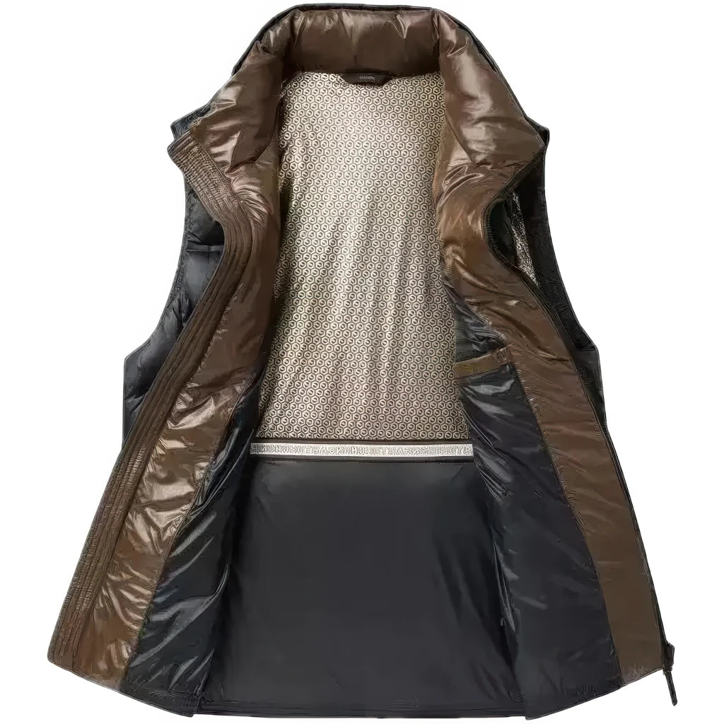 Doudoune sans Manche Satinée Homme, coloris noir, doublure contrastée camel visible