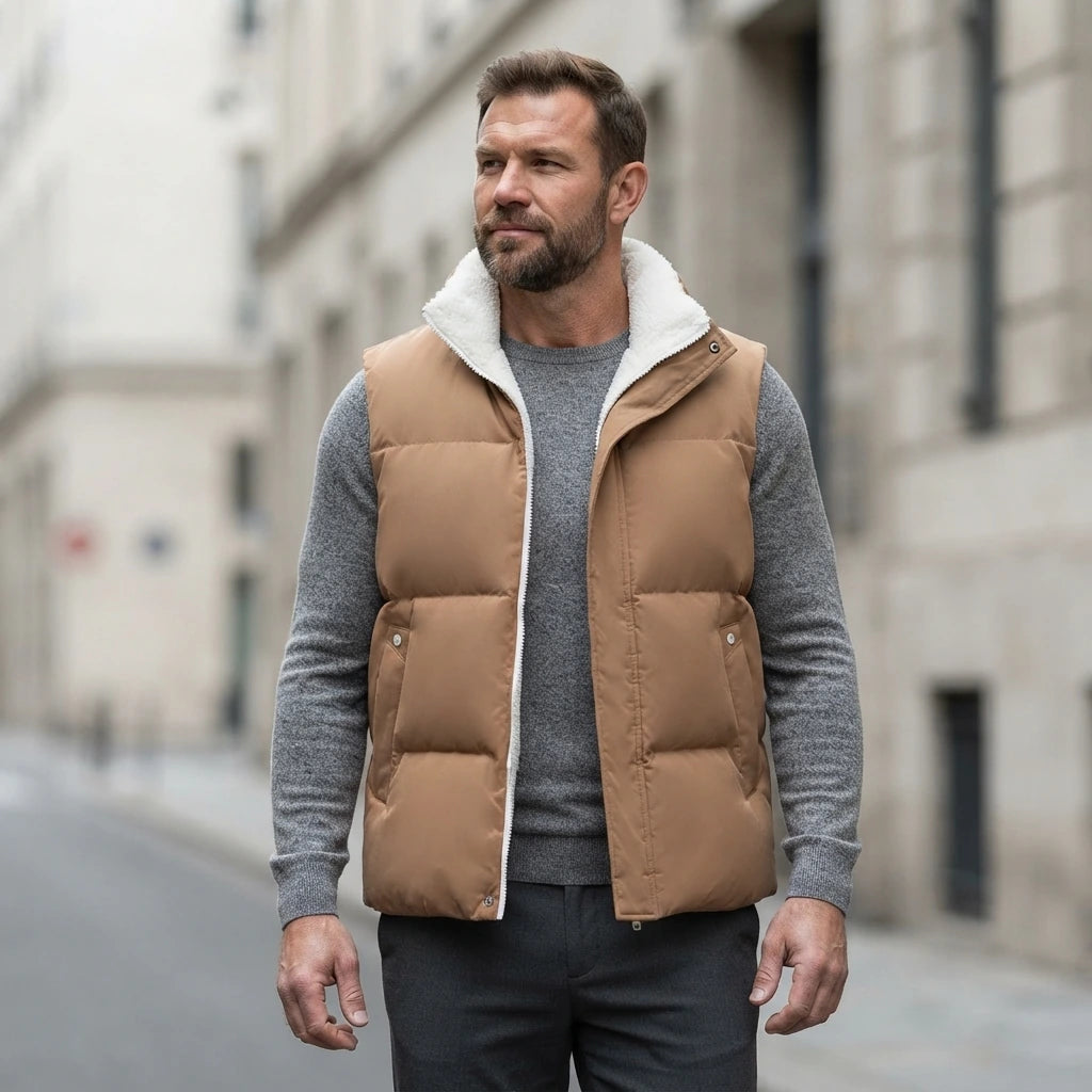 Doudoune sans manche sherpa homme coloris caramel portée par un mannequin en extérieur