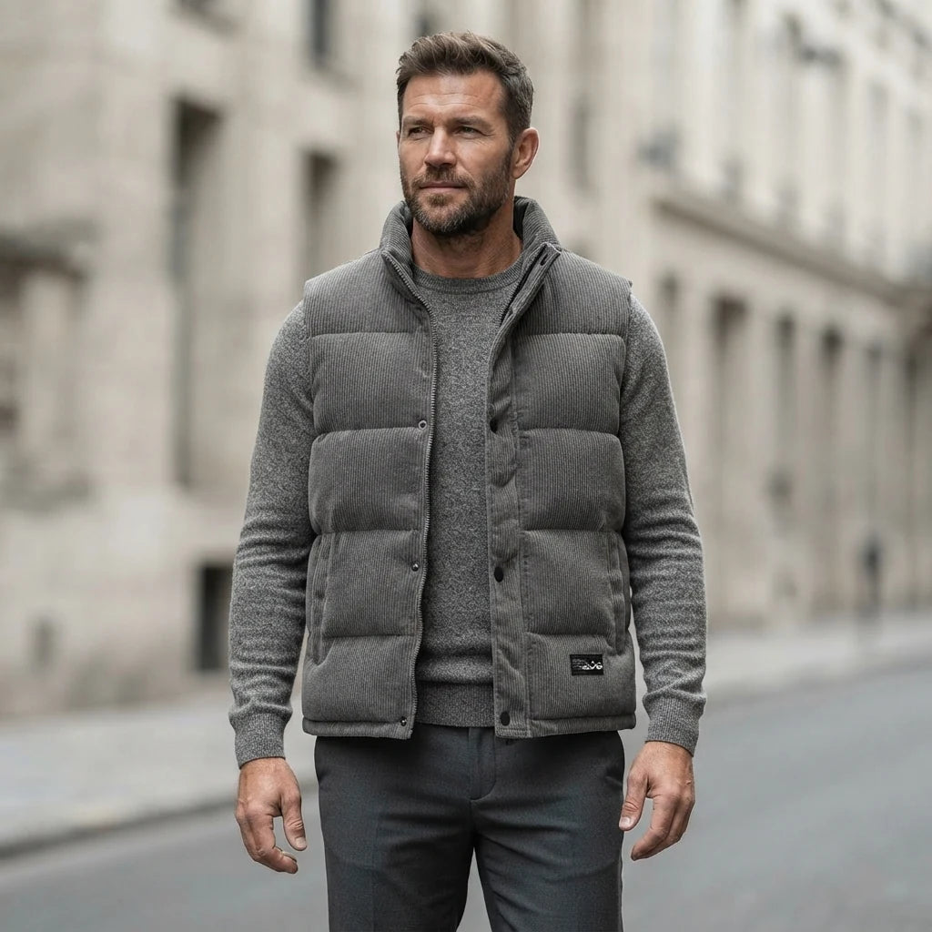 Homme portant la Doudoune sans Manche Velours grise, maille col rond grise et pantalon anthracite