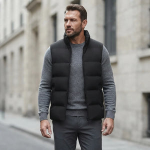 Veste doudoune sans manche homme noir portee, col haut rembourre